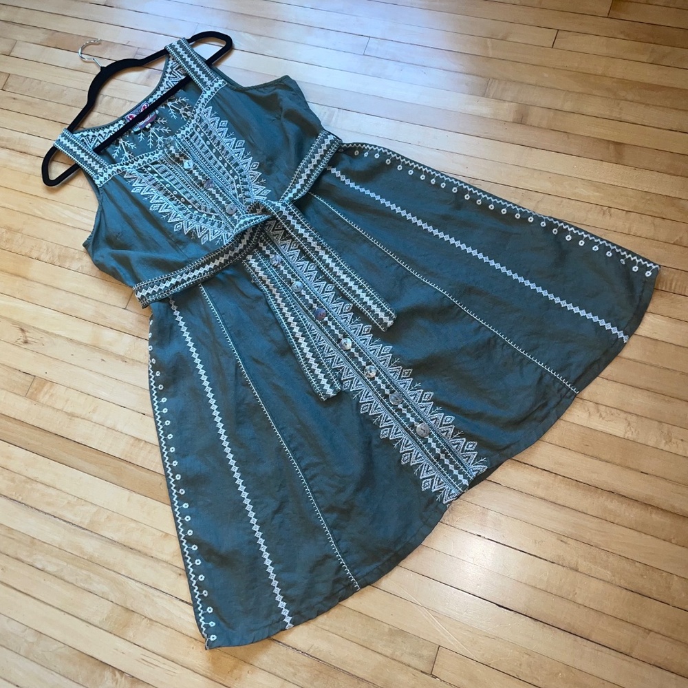 JOHNNY WAS Linen Button Down Boho Embroidered Tank Sundress Fit and Flare